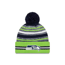 Load image into Gallery viewer, Seattle Seahawks New Era NFL 2021 Sideline Sport Official Pom Cuffed Knit Beanie Green/Navy Team Color
