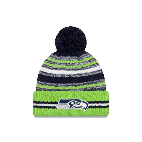 Seattle Seahawks New Era NFL 2021 Sideline Sport Official Pom Cuffed Knit Beanie Green/Navy Team Color