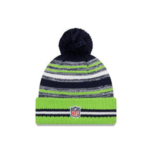 Load image into Gallery viewer, Seattle Seahawks New Era NFL 2021 Sideline Sport Official Pom Cuffed Knit Beanie Green/Navy Team Color
