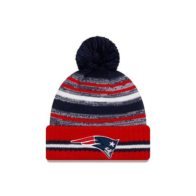 New England Patriots New Era NFL 2021 Sideline Sport Official Pom Cuffed Knit Beanie Red/Navy Team Color