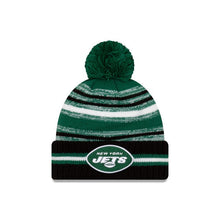 Load image into Gallery viewer, New York Jets New Era NFL 2021 Sideline Sport Official Cuffed Pom Knit Green/Black/White Team Color Logo 
