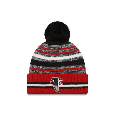 Atlanta Falcons New Era NFL 2021 Sideline Sport Official Cuffed Pom Knit Black/Red/White Team Color Retro Logo 