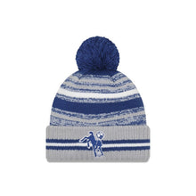 Load image into Gallery viewer, Indianapolis Colts New Era NFL 2021 Sideline Sport Official Cuffed Pom Knit Royal Blue/Gray/White Team Color Retro Logo 
