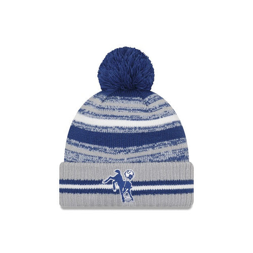Indianapolis Colts New Era NFL 2021 Sideline Sport Official Cuffed Pom Knit Royal Blue/Gray/White Team Color Retro Logo 