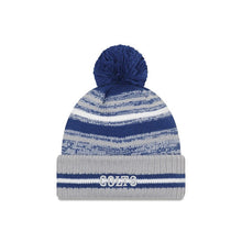 Load image into Gallery viewer, Indianapolis Colts New Era NFL 2021 Sideline Sport Official Cuffed Pom Knit Royal Blue/Gray/White Team Color Retro Logo 
