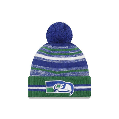 Seattle Seahawks New Era NFL 2021 Sport Official Cuffed Pom Knit Royal Blue/Dark Green/White Team Color Retro Logo 