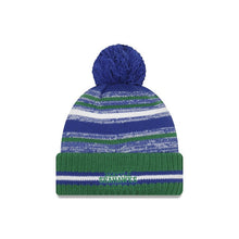 Load image into Gallery viewer, Seattle Seahawks New Era NFL 2021 Sport Official Cuffed Pom Knit Royal Blue/Dark Green/White Team Color Retro Logo 
