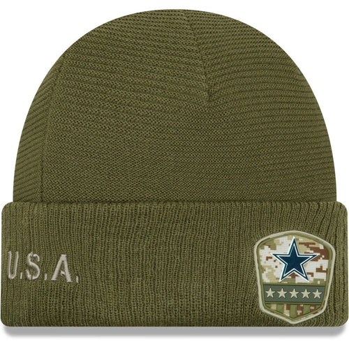 Dallas Cowboys New Era NFL 2019 Salute To Service Cuffed Knit Beanie Hat Olive Green Crown/Visor Team Color Logo