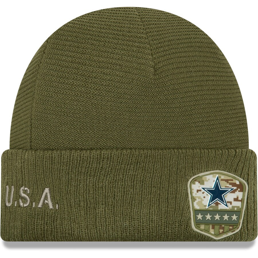 Dallas Cowboys New Era NFL 2019 Salute To Service Cuffed Knit Beanie Hat Olive Green Crown/Visor Team Color Logo