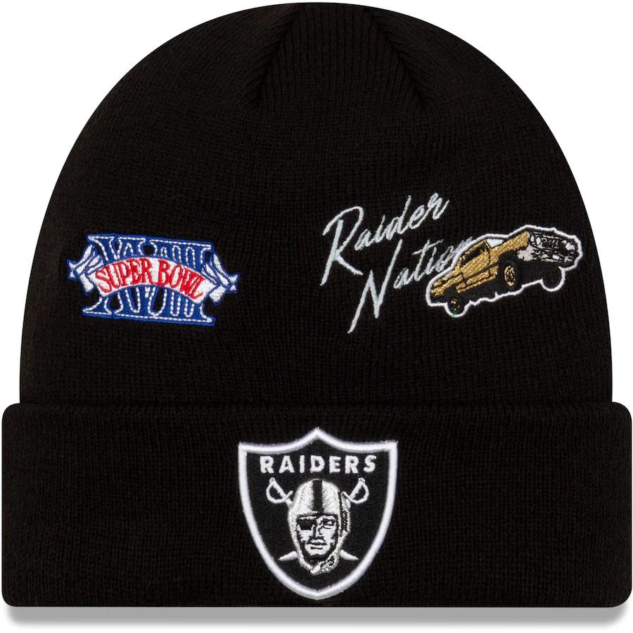 Las Vegas Raiders New Era NFL Cuff Knit Team Color Black Crown/Cuff Team Color Logo Super Bowl XVIII City Transit