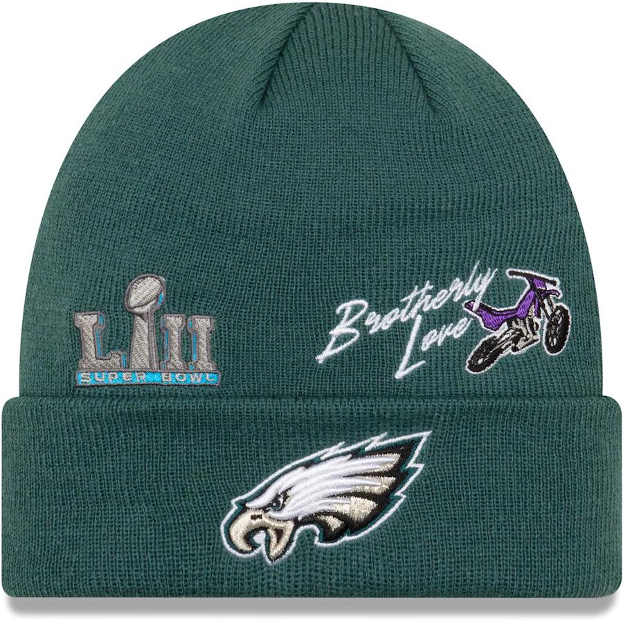 Philadelphia Eagles New Era NFL Cuff Knit Team Color Green Crown/Cuff Team Color Logo Super Bowl LII City Transit