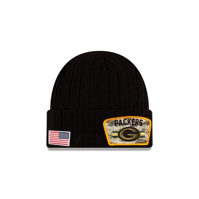 Green Bay Packers New Era NFL Cuffed Knit Beanie 2021 Salute To Service Hat Black Crown Patch Logo