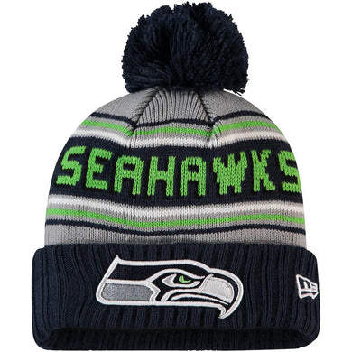 Seattle Seahawks New Era NFL Cuffed Pom Knit Hat Gray/Navy Crown/Visor Team Color Logo (Knit Cheer)