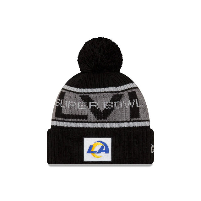 Los Angeles Rams New Era NFL Cuffed Pom Knit Hat Gray/Black Crown/Visor Team Color Logo Super Bowl LVI 