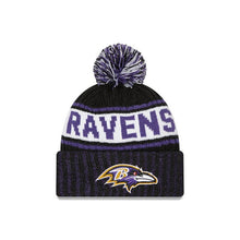 Load image into Gallery viewer, Baltimore Ravens New Era NFL Cuffed Pom Knit Black/Purple/White Team Color Logo 
