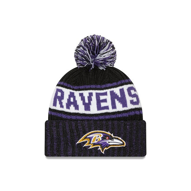 Baltimore Ravens New Era NFL Cuffed Pom Knit Black/Purple/White Team Color Logo 