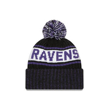 Load image into Gallery viewer, Baltimore Ravens New Era NFL Cuffed Pom Knit Black/Purple/White Team Color Logo 
