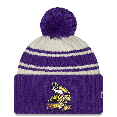 Minnesota Vikings New Era NFL Cuffed Pom Knit Beanie Hat Cream/Purple Crown/Visor Team Color Logo (2022 Sideline)