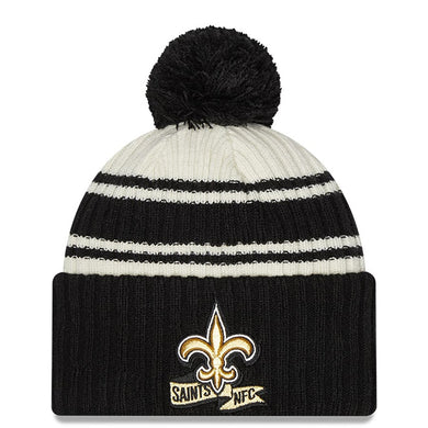 New Orleans Saints New Era NFL Cuffed Pom Knit Beanie Hat Cream/Black Crown/Visor Team Color Logo (2022 Sideline)