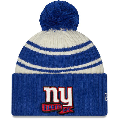 New York Giants New Era NFL Cuffed Pom Knit Beanie Hat Cream/Royal Blue Crown/Visor Team Color Logo (2022 Sideline)