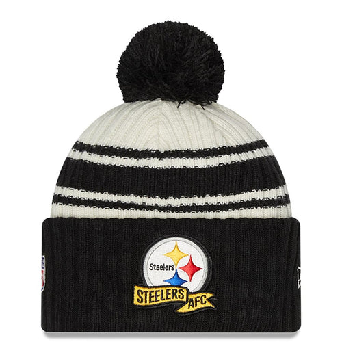 Pittsburgh Steelers New Era NFL Cuffed Pom Knit Beanie Hat Cream/Black Crown/Visor Team Color Logo (2022 Sideline)