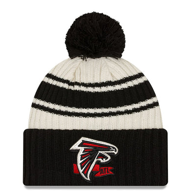 Atlanta Falcons New Era NFL Cuffed Pom Knit Beanie Hat Cream/Black Crown/Visor Team Color Logo (2022 Sideline)