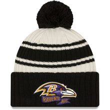 Load image into Gallery viewer, Baltimore Ravens New Era NFL Cuffed Pom Knit Beanie Hat Cream/Black Crown/Visor Team Color Logo (2022 Sideline)
