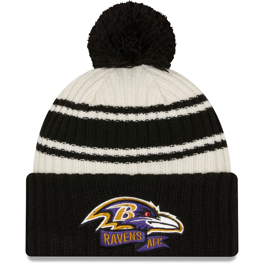 Baltimore Ravens New Era NFL Cuffed Pom Knit Beanie Hat Cream/Black Crown/Visor Team Color Logo (2022 Sideline)