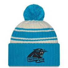 Load image into Gallery viewer, Carolina Panthers New Era NFL Cuffed Pom Knit Beanie Hat Cream/Sky Blue Crown/Visor Team Color Logo (2022 Sideline)
