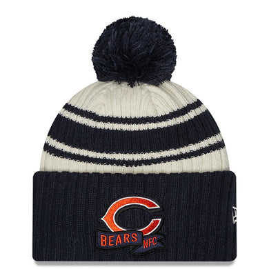 Chicago Bears New Era NFL Cuffed Pom Knit Beanie Hat Cream/Navy Blue Crown/Visor Team Color Logo (2022 Sideline)