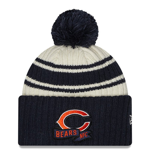 Chicago Bears New Era NFL Cuffed Pom Knit Beanie Hat Cream/Navy Blue Crown/Visor Team Color Logo (2022 Sideline)