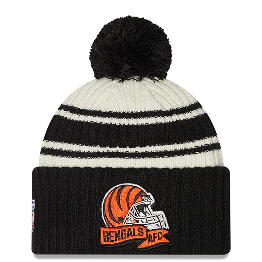 Cincinnati Bengals New Era NFL Cuffed Pom Knit Beanie Hat Cream/Black Crown/Visor Team Color Logo (2022 Sideline)
