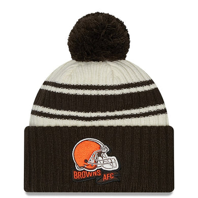 Cleveland Browns New Era NFL Cuffed Pom Knit Beanie Hat Cream/Black Crown/Visor Team Color Logo (2022 Sideline)