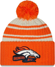Load image into Gallery viewer, Denver Broncos New Era NFL Cuffed Pom Knit Beanie Hat Cream/Orange Crown/Visor Team Color Logo (2022 Sideline)
