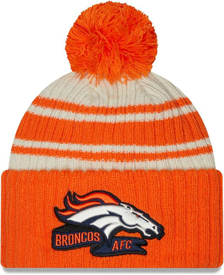 Denver Broncos New Era NFL Cuffed Pom Knit Beanie Hat Cream/Orange Crown/Visor Team Color Logo (2022 Sideline)