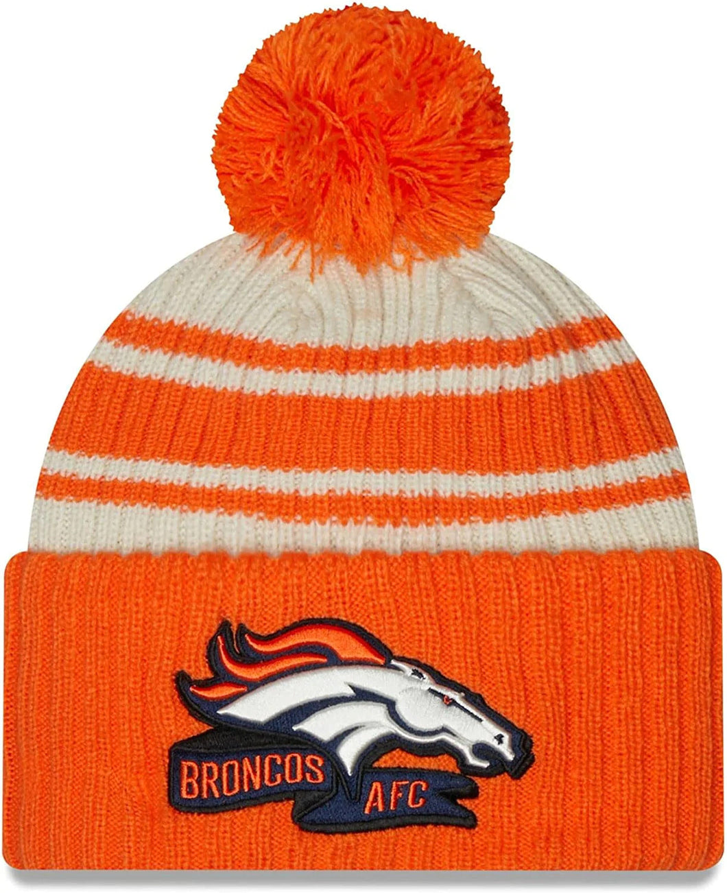 Denver Broncos New Era NFL Cuffed Pom Knit Beanie Hat Cream/Orange Crown/Visor Team Color Logo (2022 Sideline)