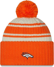 Load image into Gallery viewer, Denver Broncos New Era NFL Cuffed Pom Knit Beanie Hat Cream/Orange Crown/Visor Team Color Logo (2022 Sideline)
