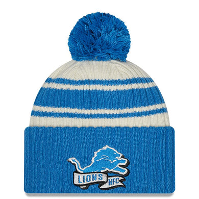 Detroit Lions New Era NFL Cuffed Pom Knit Beanie Hat Cream/Sky Blue Crown/Visor Team Color Logo (2022 Sideline)