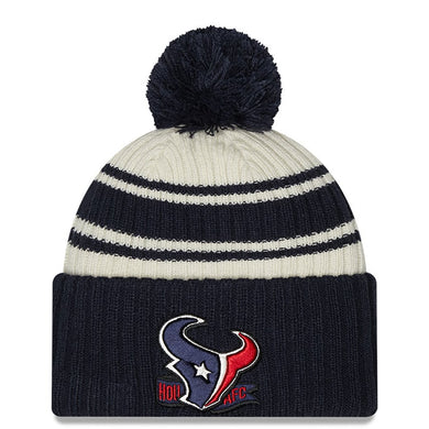 Houston Texans New Era NFL Cuffed Pom Knit Beanie Hat Cream/Navy Blue Crown/Visor Team Color Logo (2022 Sideline)