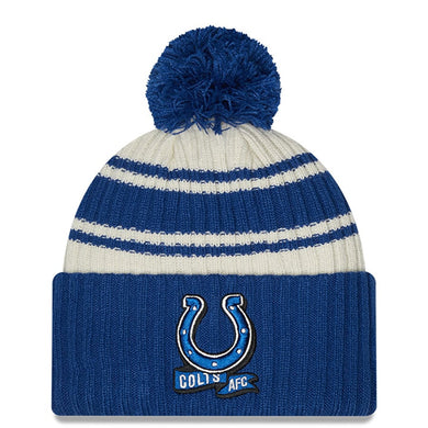 Indianapolis Colts New Era NFL Cuffed Pom Knit Beanie Hat Cream/Royal Blue Crown/Visor Team Color Logo (2022 Sideline)
