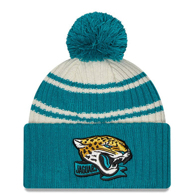 Jacksonville Jaguars New Era NFL Cuffed Pom Knit Beanie Hat Cream/Turquoise Crown/Visor Team Color Logo (2022 Sideline)