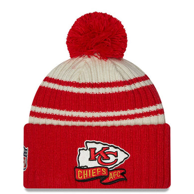 Kansas City Chiefs New Era NFL Cuffed Pom Knit Beanie Hat Cream/Red Crown/Visor Team Color Logo (2022 Sideline)