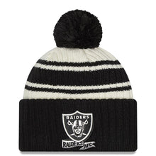 Load image into Gallery viewer, Las Vegas New Era Cuffed Pom Knit Beanie Hat Cream/Black Crown/Visor Team Color Logo (2022 Sideline)
