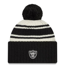 Load image into Gallery viewer, Las Vegas New Era Cuffed Pom Knit Beanie Hat Cream/Black Crown/Visor Team Color Logo (2022 Sideline)
