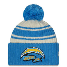 Load image into Gallery viewer, Los Angeles Chargers New Era NFL Cuffed Pom Knit Beanie Hat Cream/Sky Blue Crown/Visor Team Color Logo (2022 Sideline)
