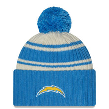 Load image into Gallery viewer, Los Angeles Chargers New Era NFL Cuffed Pom Knit Beanie Hat Cream/Sky Blue Crown/Visor Team Color Logo (2022 Sideline)
