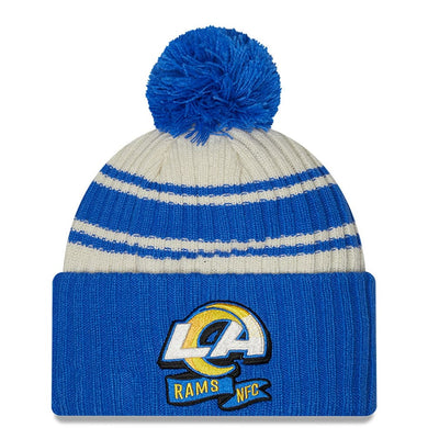 Los Angeles Rams New Era NFL Cuffed Pom Knit Beanie Hat Cream/Royal Blue Crown/Visor Team Color Logo (2022 Sideline)