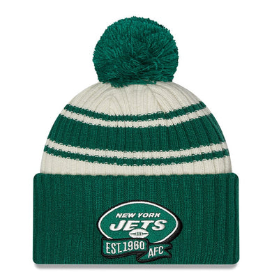 New York Jets New Era NFL Cuffed Pom Knit Beanie Hat Cream/Green Crown/Visor Team Color Logo (2022 Sideline)