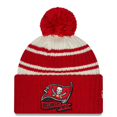 Tampa Bay Buccaneers New Era NFL Cuffed Pom Knit Beanie Hat ream/Read Crown/Visor Team Color Logo (2022 Sideline)