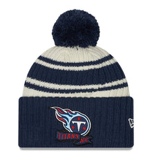 Load image into Gallery viewer, Tennessee Titans New Era NFL Cuffed Pom Knit Beanie Hat Cream/Navy Blue Crown/Visor Team Color Logo (2022 Sideline)
